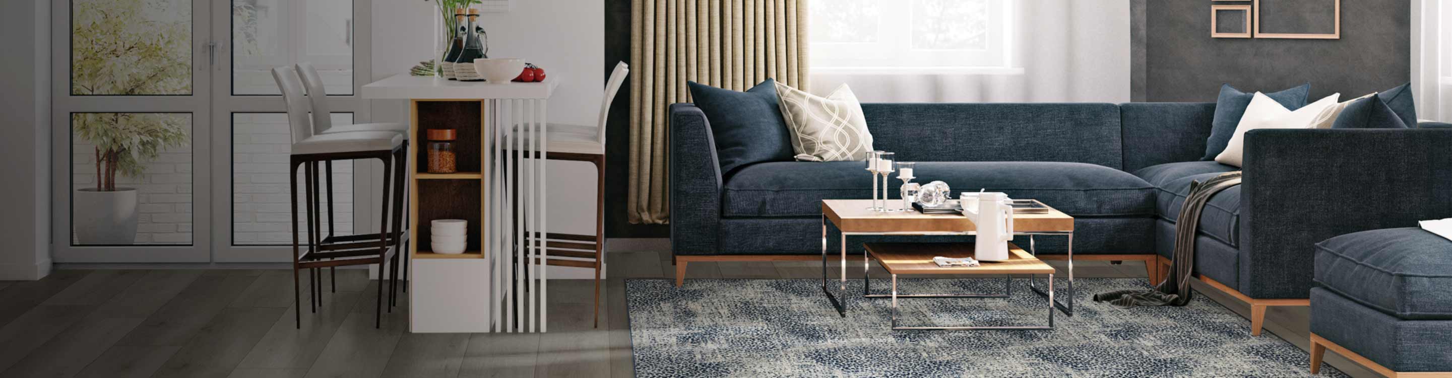 Grey hues in area rug with living room and sectional sofa. 