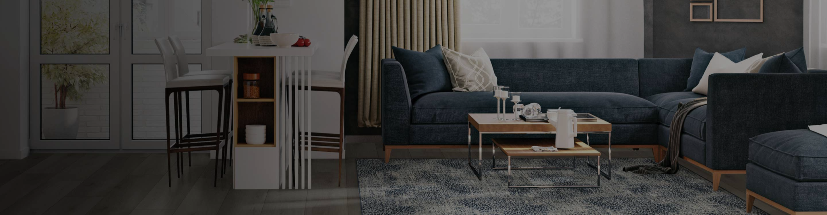 Grey hues in area rug with living room and sectional sofa. 