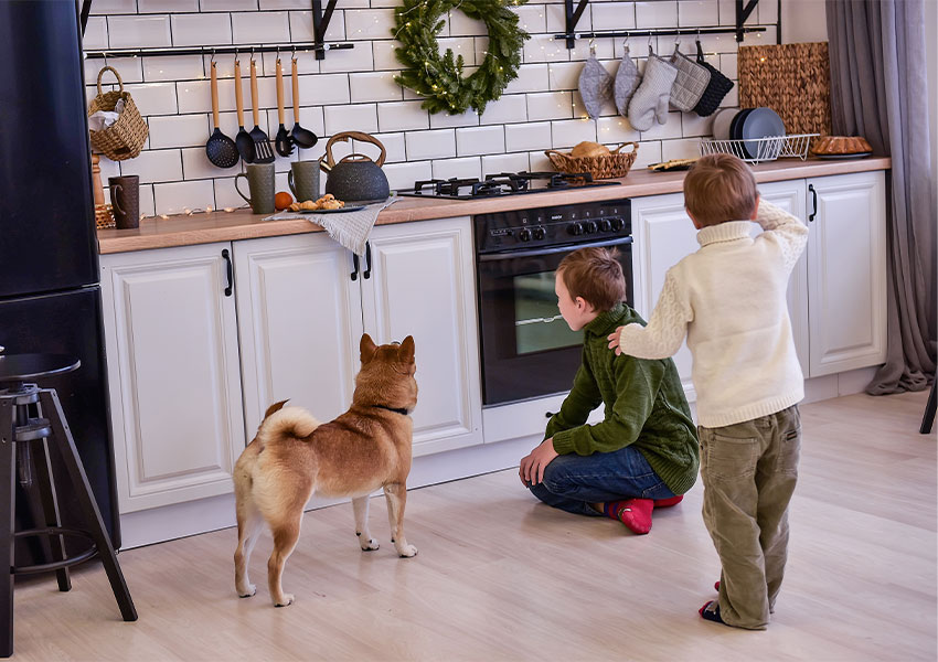 children and dog in kitchen during the holidays
